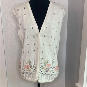 Vintage Koret Floral Embroidered Cottagecore Sweater Vest Lace Hem Coquette Med